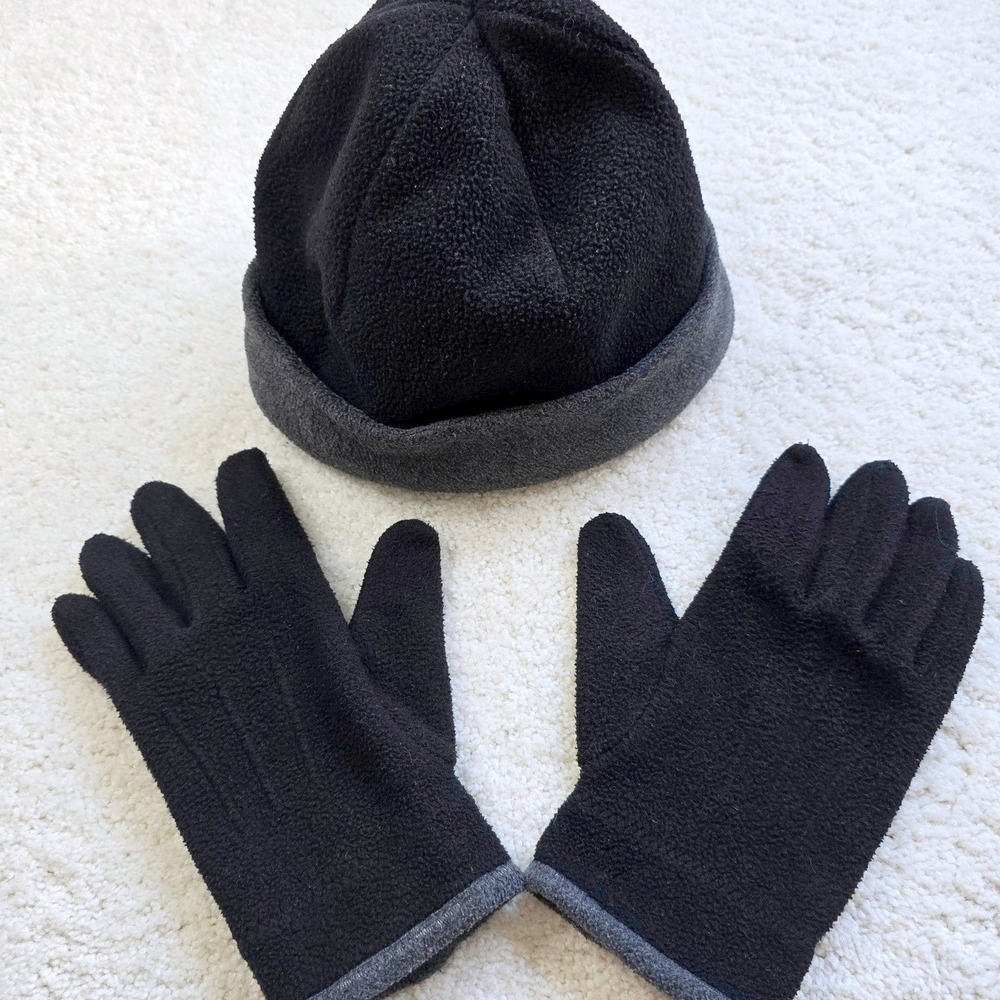 Womens Fleece Hat and Gloves Set Black Gray Winter Warm Matching